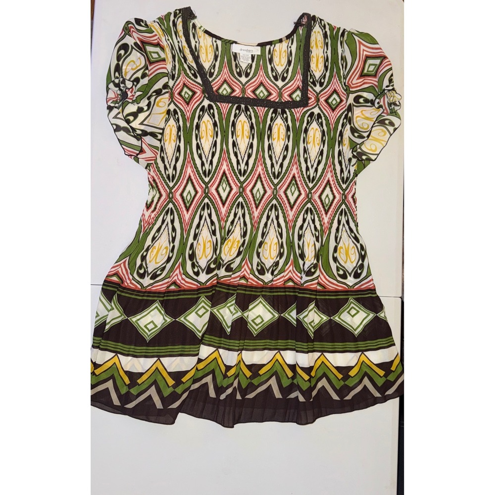 Dressbarn Tunic Women 22/24 Green Geometric Ikat Pleated Square Neck Blouse